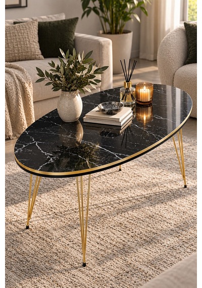 Sulorahome Oval Mermer Desenli Siyah Orta Sehpa Gold Metal Ayaklı