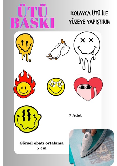 Ütü İle Yapışan Tekstil Transfer Dtf Baskı 7 Adet Yüz Emojileri - 674576698