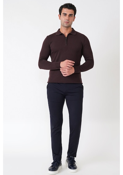 Slim Fit Esnek Pamuklu Fermuarlı Polo Yaka Kahverengi Triko Tr 902