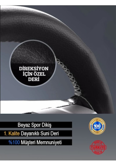 Renault Laguna Özel Süper Deri Direksiyon Kılıfı, Beyaz Şeritli Spor Dikiş Renkli