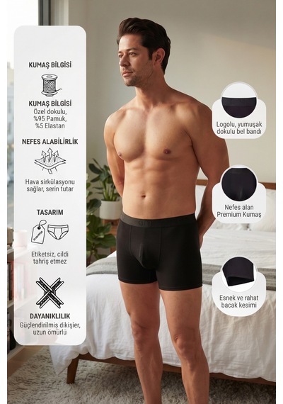 Cnt Erkek Likralı 6'lı Siyah Renk Boxer Premium Paket Trendybee Siyah Siyah