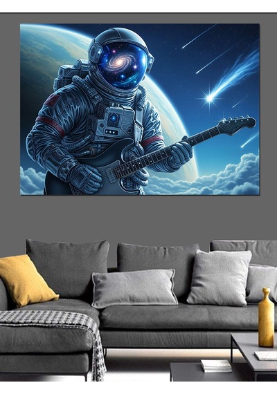 Ahşap Tablo Gitar Çalan Uzayda Bir Astronot Hayvan Tabloları