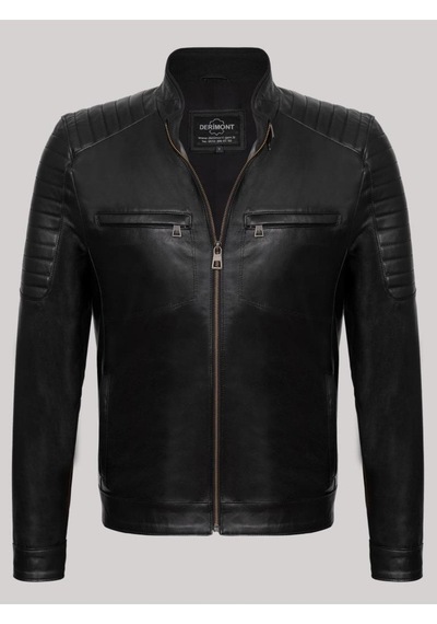 Deriwork Hakiki Kuzu Derisi Siyah Erkek Deri Mont Omuz Kol Işlemeli Slim Fit Deri Ceket Siyah