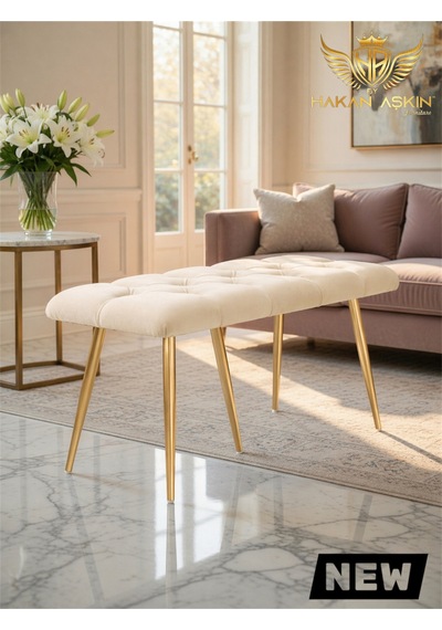 By Hakan Aşkın Stella 43x100 Cm Puf&bench Yatak Önü - Antre - Salon - Oturma Odası Gold Cream Krem Gold