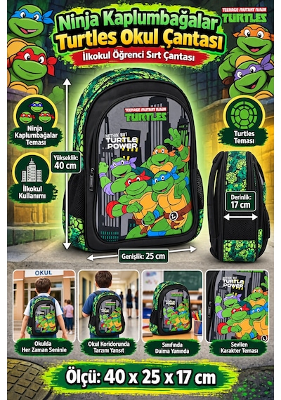 Ninja Kaplumbağalar Turtles Okul Çantası İlkokul Öğrenci Sırt Çantası 40 X 25 X 17 Çok Renkli