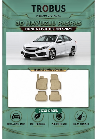 Honda Civic Hb 2017-2021 Çizgi Desen 3d Havuzlu Paspas Takımı Bej