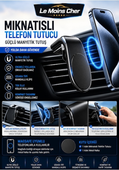 Saab 9-3 Linear Mıknatıslı Telefon Tutucu Izgara Tipi Mandallı Araç İçi Siyah