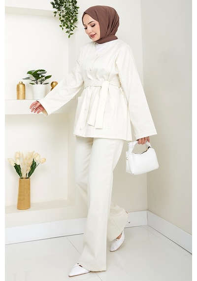 Bestenur Kemerli Ceket Pantolon Gabardin Takım 1557 - Ekru Ekru
