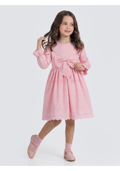 Pina Kids Kız Çocuk Uzun Kollu Önü Kurdelalı Fisto Elbise Pembe