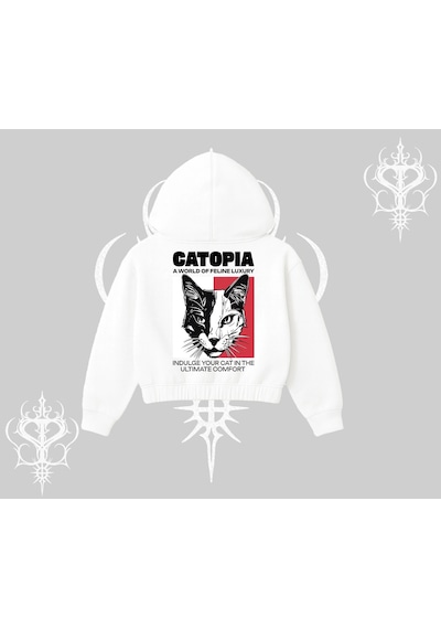 Modern Kedi Temalı Arka Baskılı Kapşonlu Crop Sweatshirt Beyaz