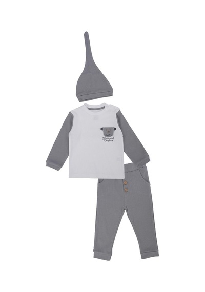 Bebelop Unisex Bebek Raporlu Hayvan Nakışlı Şapkalı 2'li Alt Üst Takım 001