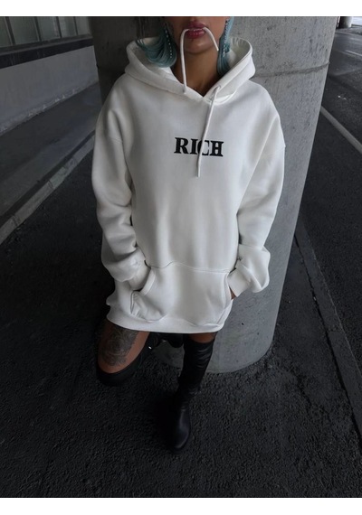 Velmora Fashion Kadın Kapüşonlu Kanguru Cepli Sweatshirt 3 İplik Pamuklu Baskılı Hoodie - Beyaz