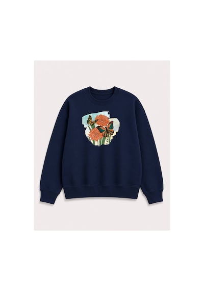 Herkesemoda Kelebek Ve Çiçek Baskılı 2 İplik Şardonlu Bisiklet Yaka Sweatshirt Lacivert