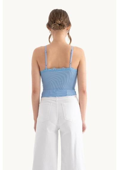 Hiccup Dantel Detaylı V Yaka Kırpılmış Tank Top Mavi