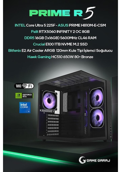 Game Garaj PRIME-R5 Ultra 5 225F RTX5060 16 GB 1 TB SSD Free Dos Oem Paket Masaüstü Oyuncu Bilgisayarı