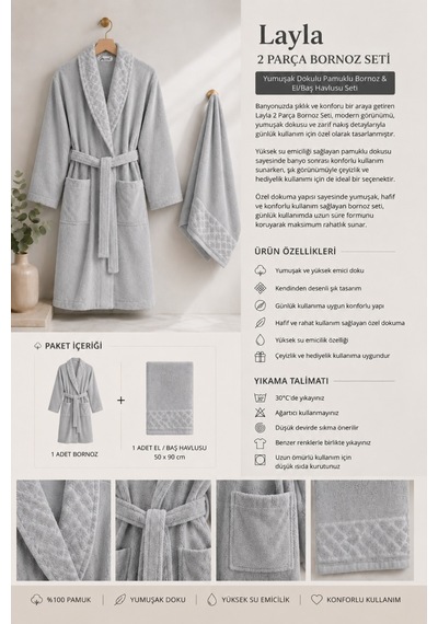 Layla Soft Unisex Bornoz Bornoz Erkek Bornoz Kadın Bornoz Hediyelik Sabahlık Çeyiz Gri
