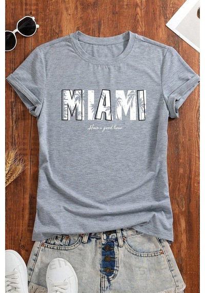 Unisex Miami Baskılı Oversize Tshirt Gri