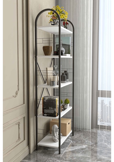 Reyo Falez 5 Geniş Raflı Kitaplık Metal Çerçeveli Modern Raf Çalışma Odası Ofis Salon Kitaplığı Evrak Rafı 180 Cm Beyaz