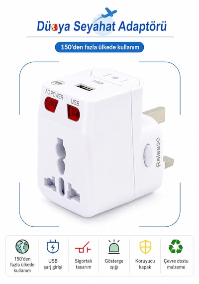 Universal Dünya Priz Dönüştürücü Seyahat Adaptörü Usb Şarj Girişli 150+ Ülke Uyumlu Çok Fonksiyonlu Adaptör Beyaz
