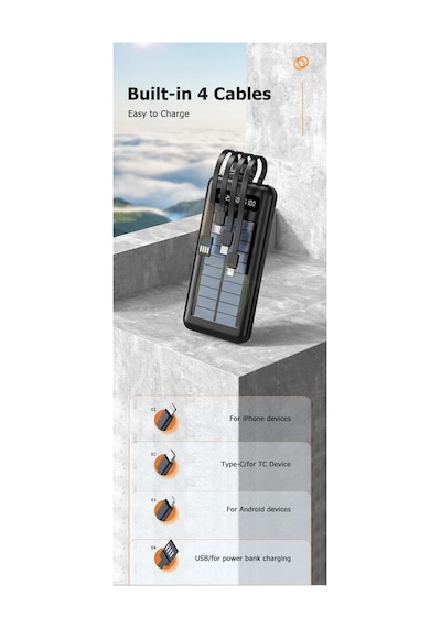 20000 Mah Solar Powerbank Güneş Enerjili Usb Çıkışlı Kablolu Led Işıklı Taşınabilir Şarj siyah