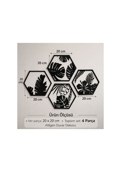 Arliadesign 4 Parçalı Petek Şeklinde Modern Çiçek Bahçesi Ahşap Tablo Seti / Duvar Dekoru / Siyah 3 Mm Mdf