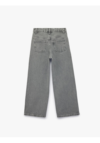 Koton Fiyonk Nakış Detaylı Pamuklu Geniş Paça Denim Pantolon Gri 7wkg40021ad
