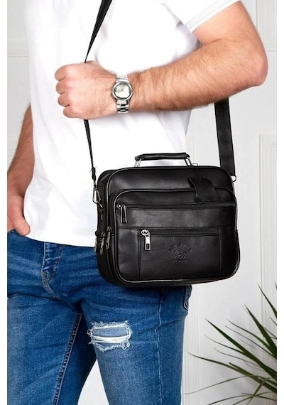 Newish Polo Erkek Hakiki Deri Çelik Kasalı Omuz Ve El Çantası Orta Boy - New416 Siyah