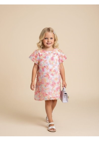 Zekids Kız Çocuk Çiçek İşlemeli Tasarım Elbise-17236 Renkli