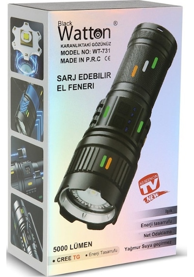 Watton Wt-731 Cree Tg Led 5000 Lümen Şarj Göstergeli El Feneri Siyah