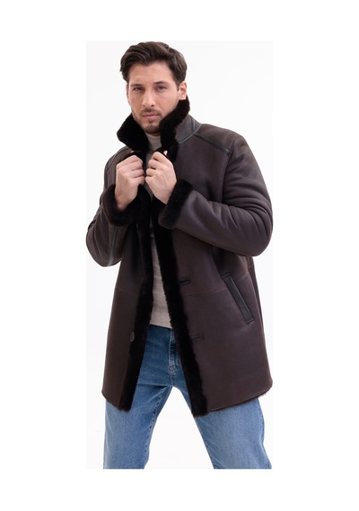 M M Marki Marki Hakiki Deri Erkek Kaban Kahverengi İçi Kürklü Düğmeli Premium 85 Cm - 500522