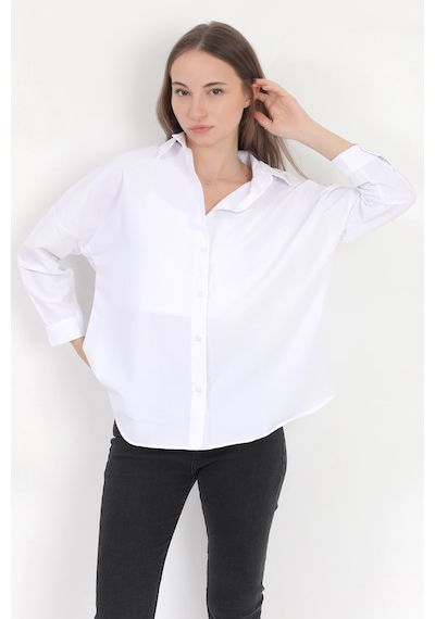 Giysa Kadın Beyaz Uzun Kollu Basic Pamuklu Oversize Gömlek - 3900 Beyaz