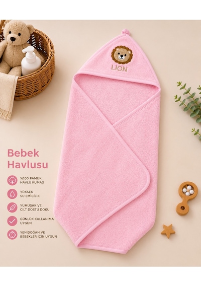 Kapüşonlu Bebek Bornoz Havlu %100 Pamuk Aslan Nakışlı Yumuşak Banyo Havlusu Pembe Açık Pembe