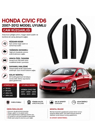 Honda Cıvıc Vtec 2001-2006 Model Uyumlu Cam Rüzgarlığı 4 Parça Set