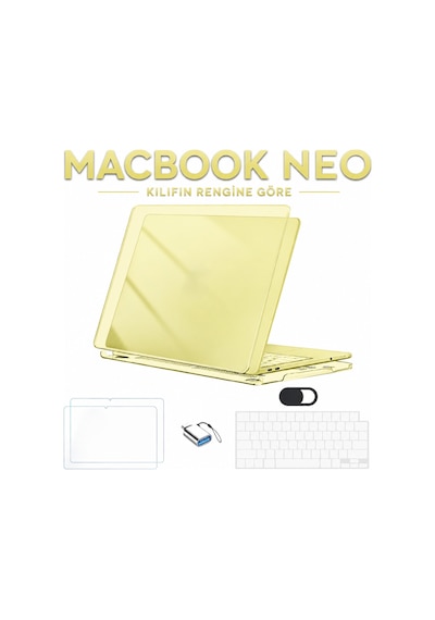 Apple MacBook Uyumlu Neo 13 İnç A18 Pro A3404 Kılıf +2adet Ekran Koruyucu +otg +klavye Koruyucu Sarı
