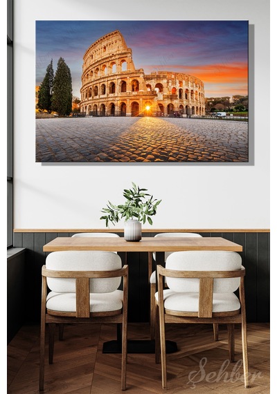 Gün Batımında Roma'da Yer Alan Tarihi Kolezyum Colosseum Yatay Kanvas Tablo 4267 Çok Renkli