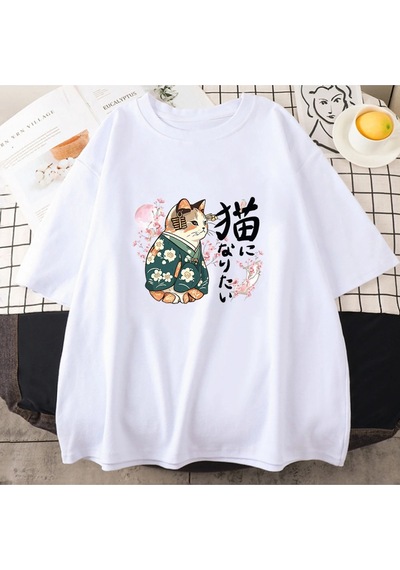 Startmore Beyaz Ukiyoe Kanji Kedi Japon Tarzı Çiçeği Sakura Pembe Li Beyaz