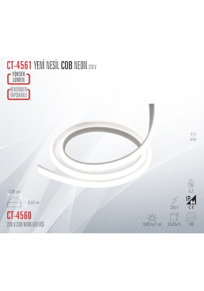 Cata Ct-4561 Yeni Nesil Cob Neon Şerit Led Beyaz Işık 5 Metre