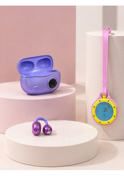 Şarj Kutulu Kablosuz Kulaklık Ve Pembe Çanta Charm Analog Saat Seti Müzik Ve Aksesuar Bir Arada Altın