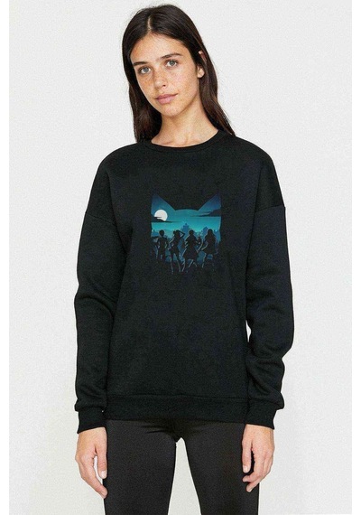Silhouette Cat Baskılı Siyah Kadın Sweashirt