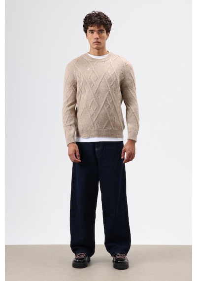 Vamos Oversize Desenli Triko Kazak Bej