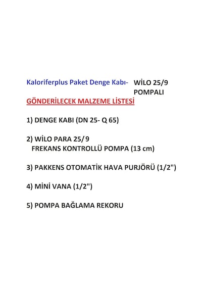 Yeni Paket Denge Kabı-Wilo 25/9 Pompalı