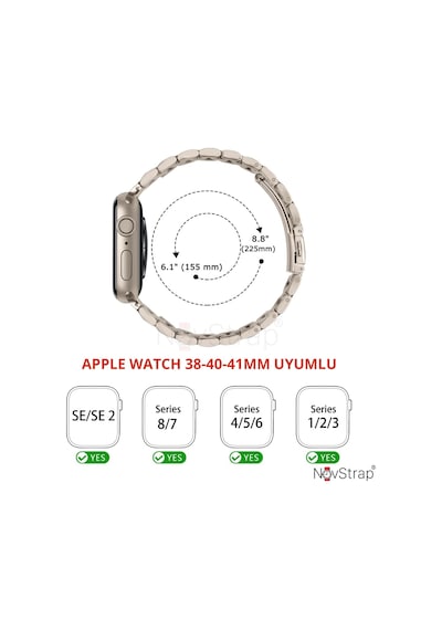 Novstrap Apple Uyumlu  Watch Se 40mm Kordon Starlight Yıldız Işığı Klasik Metal Çelik Kordon