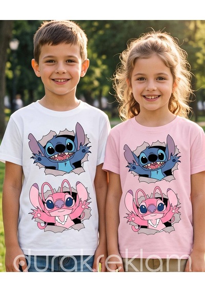 Stitch Ve Angel Yırtık Efektli Ikili Ütü İle Yapıştırılan Dtf Transfer Baskı