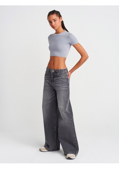 Dilvin 31175 Bisiklet Yaka Crop Top-orta Gri Orta Gri