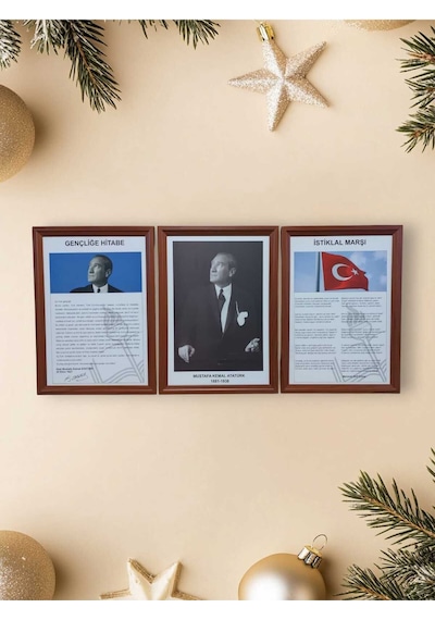Atatürk-gençliğe Hitabe-istiklal Marşı Mdf Portre Tablo Köşe 3 Lü Set 35x50cm