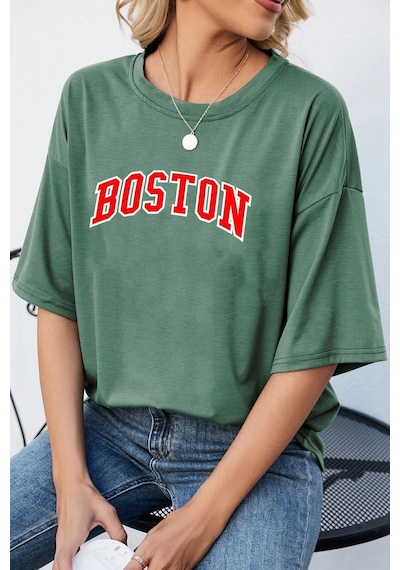 Flood Of Style Unisex Boston Baskılı T-shirt Yeşil