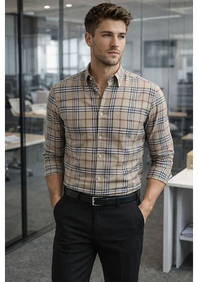 Erkek Ekose Slim Fit Gömlek Uzun Kollu Pamuklu Günlük & Casual Şık Gömlek Bej