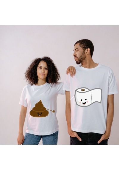 Sevimli Kaka Ve Tuvalet Kağıdı Tasarımlı Eş Tişörtleri - Komik Sevgili Tshirt Kombini Beyaz