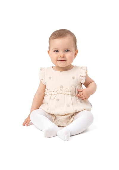 Bebegen Kız Bebek Ekru Kalp Nakışlı Müslin Zıbın Tulum