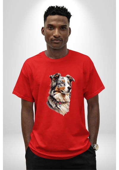 Australian Shepherd Köpek Pamuklu Bisiklet Yaka Unisex Oversize Boyfriend Dijital Baskılı Kırmızı T-shirt Kırmızı